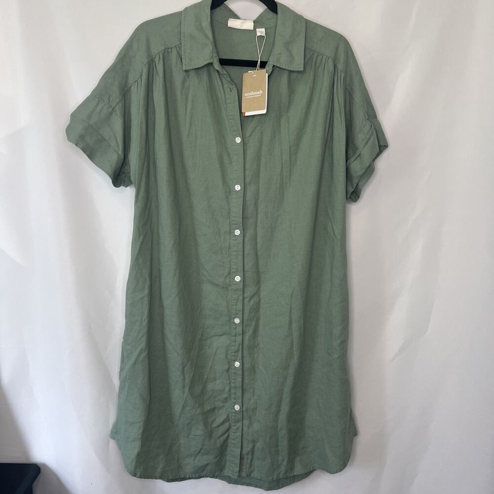 Ecothreads Brunnera Shirt Dress Size Medium Button Front Linen Blend NWT